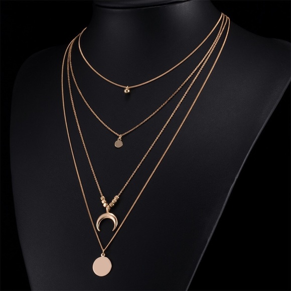 Gold Multi Layered Moon Pendant Necklace - Picture 2 of 4